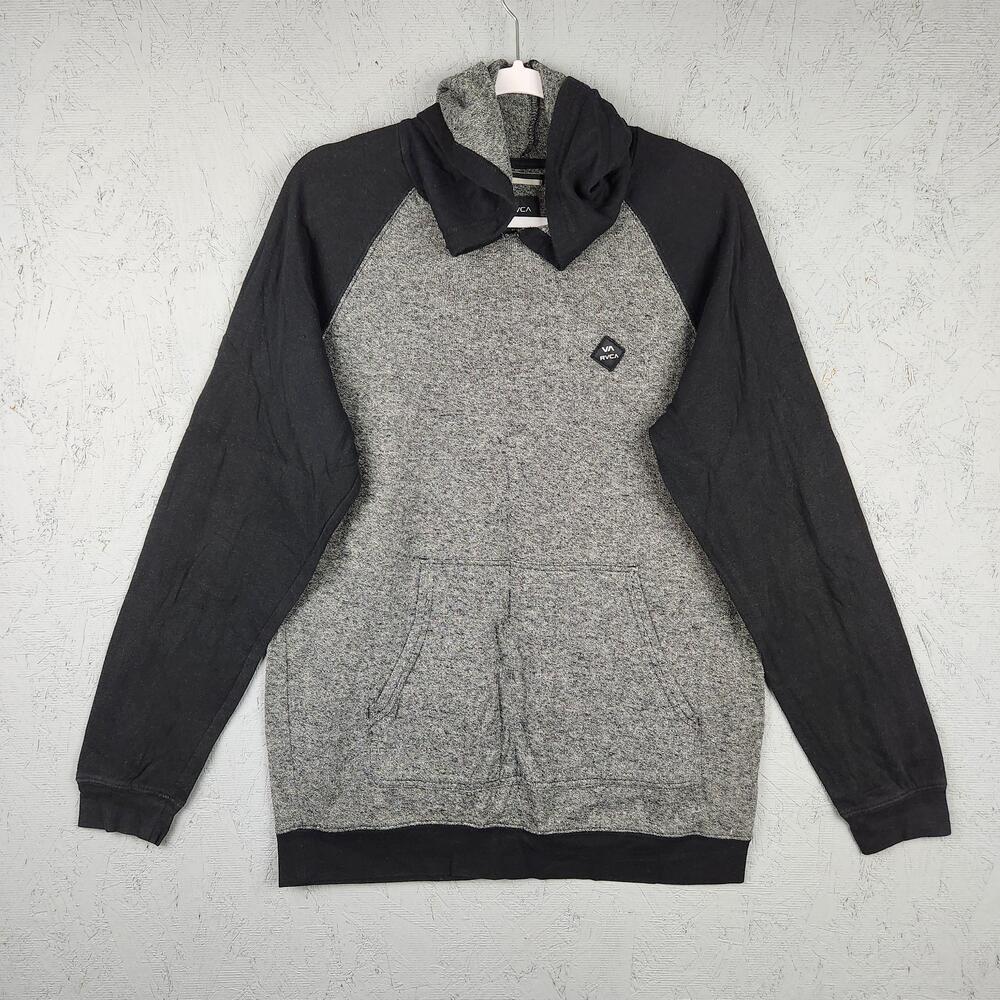 RVCA Hoodie Mens Large Gray Black Raglan Pullover Kangaroo Pocket Lightweight